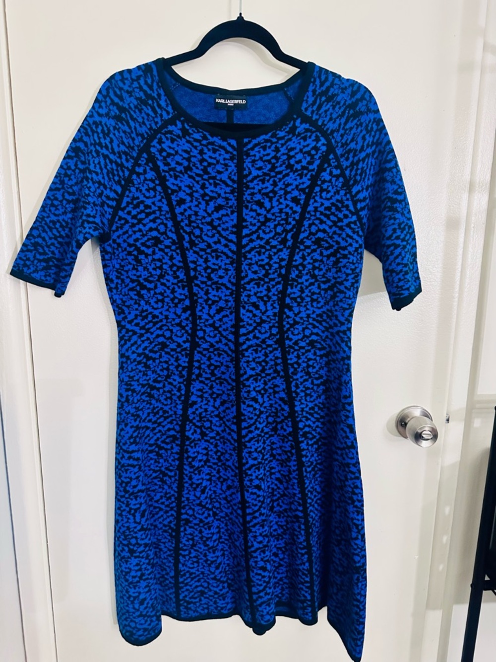 Karl Lagerfeld Royal Blue Patterned Knit Midi Dress with Black Piping